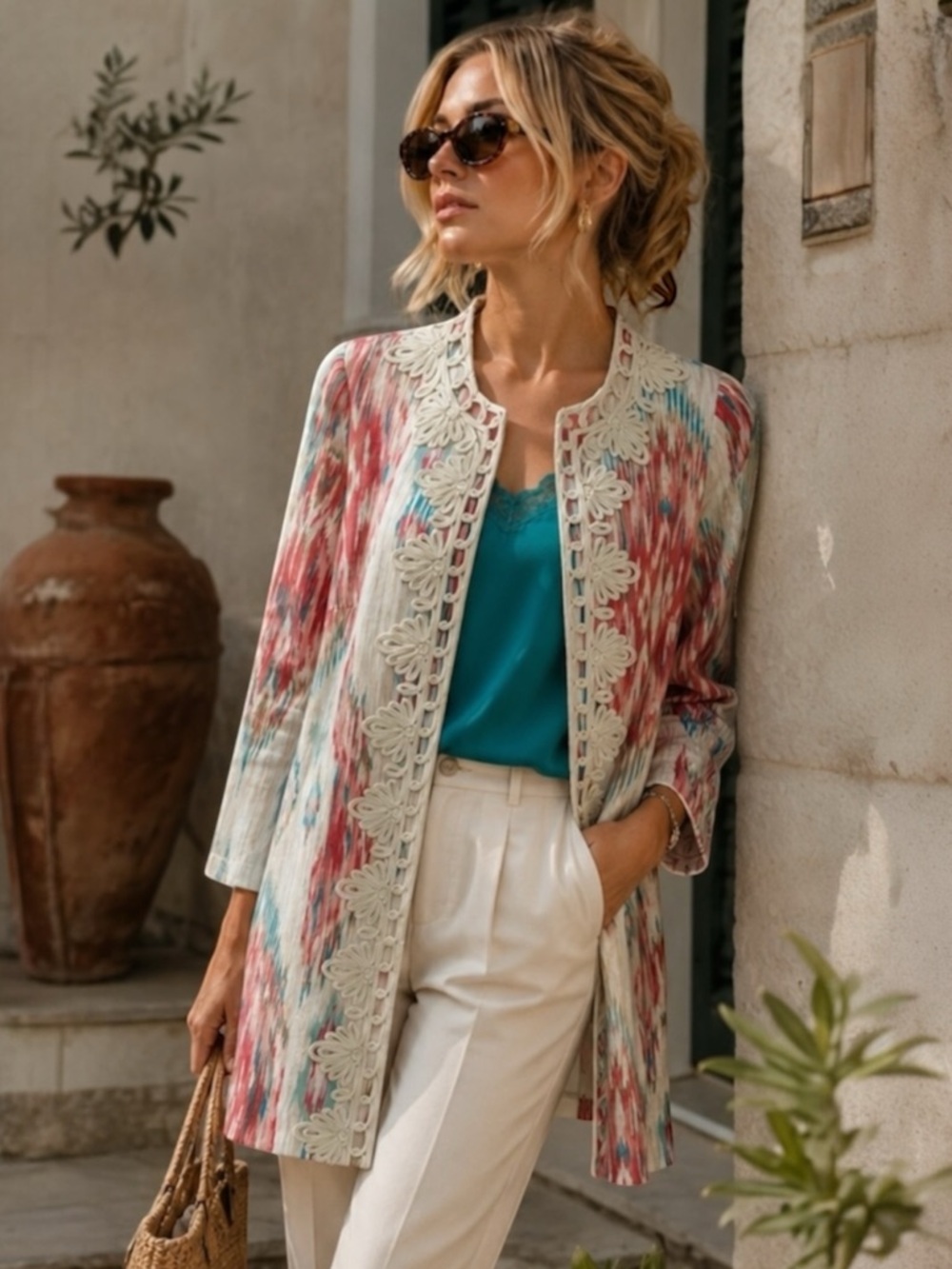 Chico’s Linen Ikat Soutache Open Front Jacket Multicolor Aztec Boho Size M